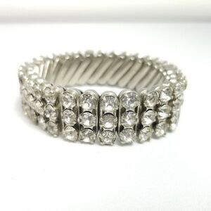 Vintage Three Row Rhinestone Stretch Expansion Bracelet, Silver Tone, Japan